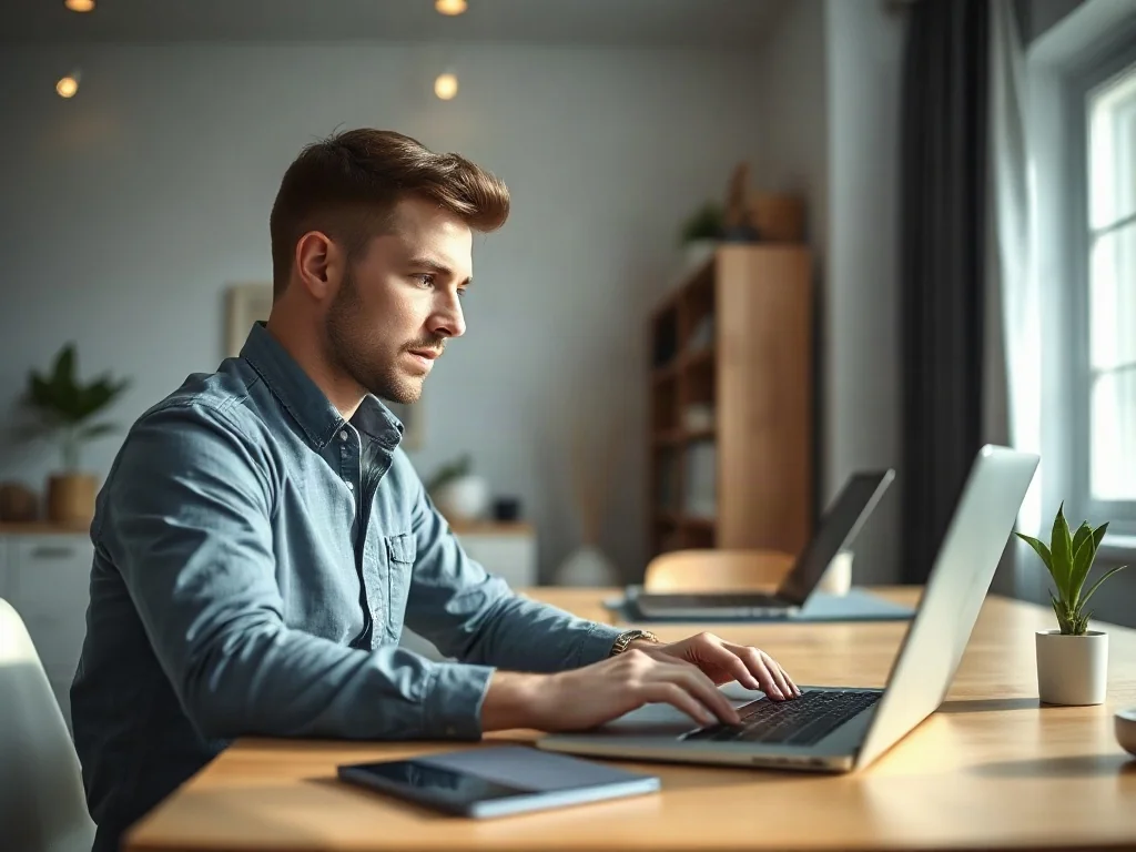 Mężczyzna siedzący przy biurku z laptopem, korzystający z serwisu internetowego w nowoczesnym domowym biurze.