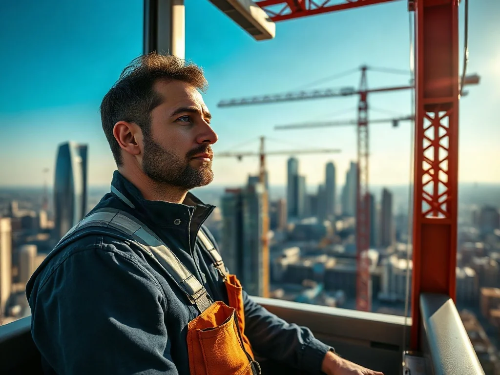 Operator żurawia w nowoczesnej kabinie z widokiem na plac budowy i panoramę miasta.